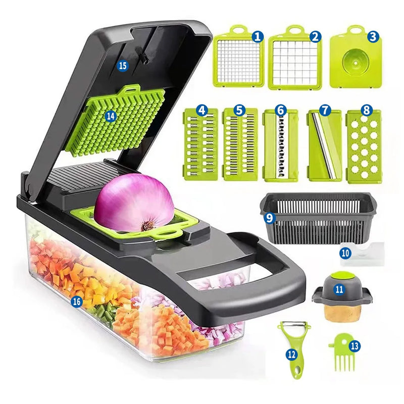 16 em 1 Picador Multifuncional para Legumes e Cebolas – Fatie, Pique e Rale
